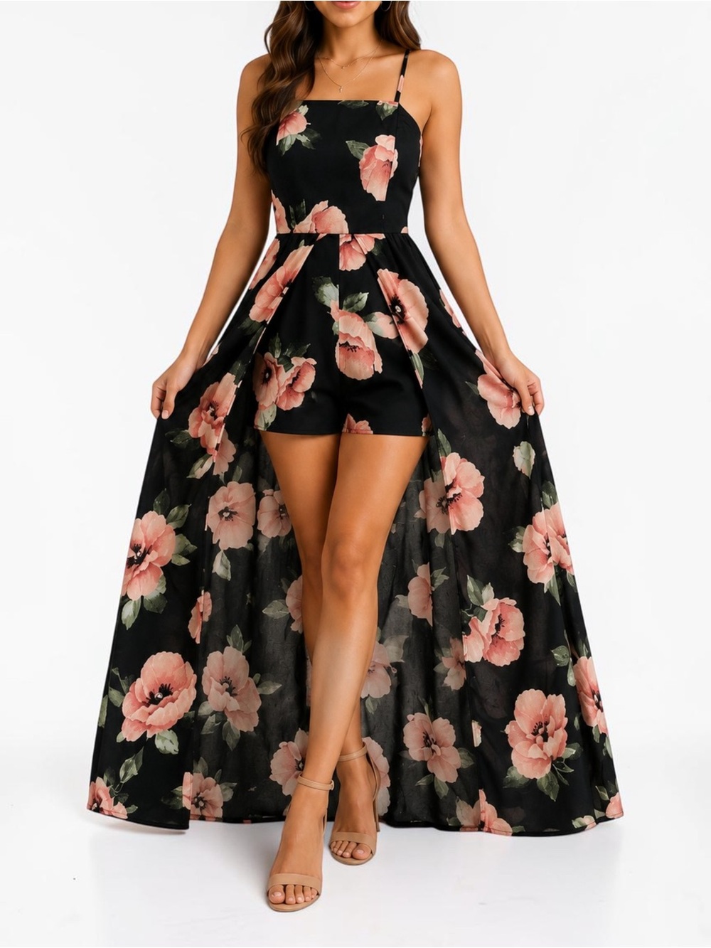 Band of Gypsies Floral Maxi Overlay Romper Women S Black Blush Smocked Boho